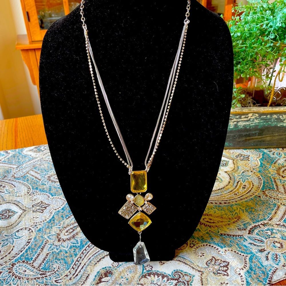 Chico's Citrine Glass Rhinestone Druzy Pendant Long Necklace Gold Tone